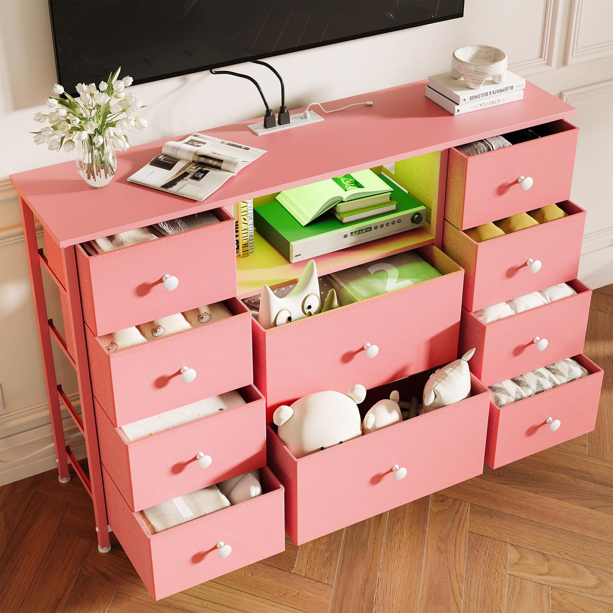 Dresser for Bedroom with 10 Drawers, Pink Storage Organizer TV Stand for 55" TV with LED Lights and Sockets, Fabric Chest of Drawers with PU Finish for Kid Room, Entryway, Living Room, Hallway LIWEIJIA