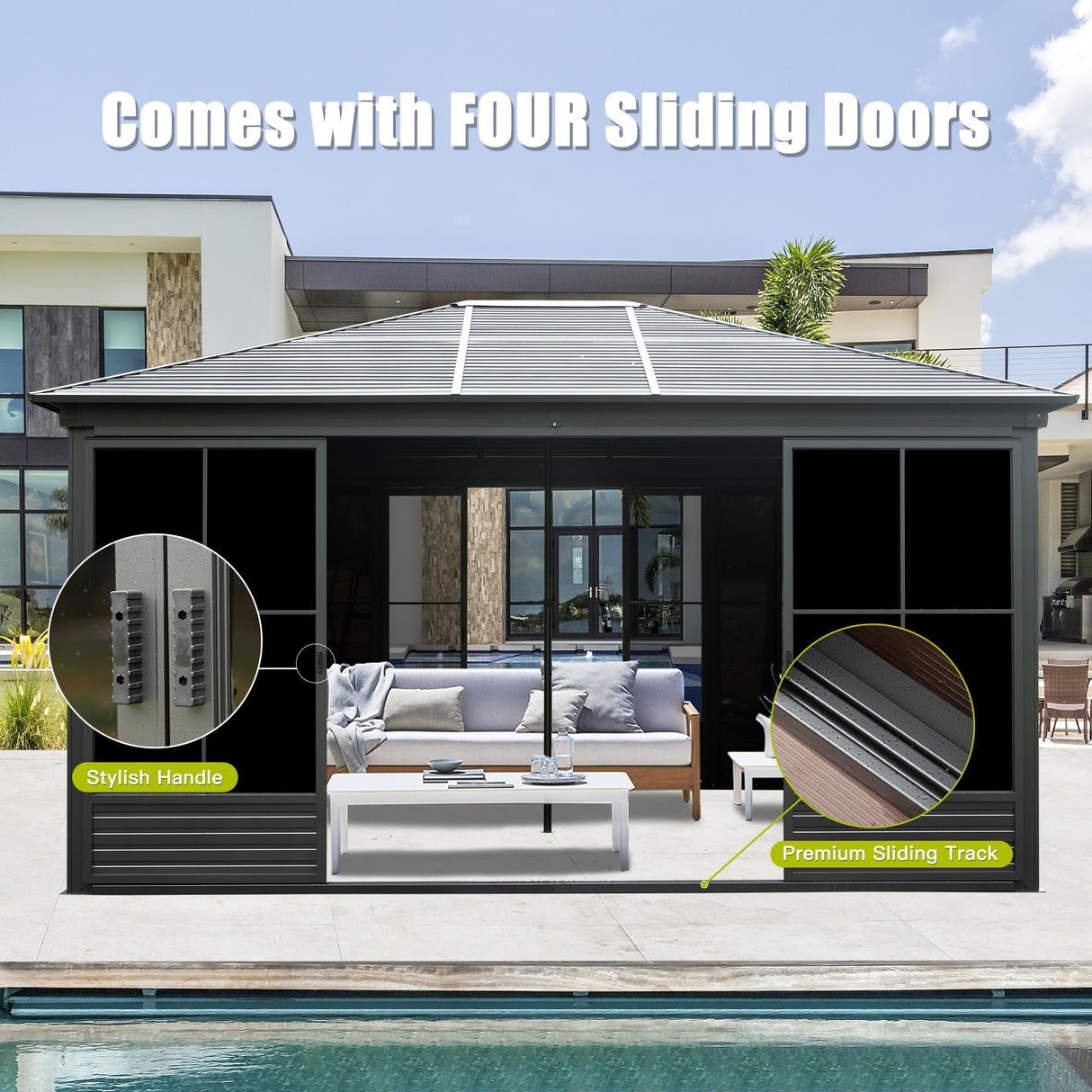 Domi 12x15FT Sunroom, Four Season Solarium with Galvanized Steel Hardtop, Aluminum Frame, 4 Sliding Doors, Movable PVC Screen Walls, All Weather Outdoor Pavilion for Patio, Deck, Backyard, Grey domi outdoor living