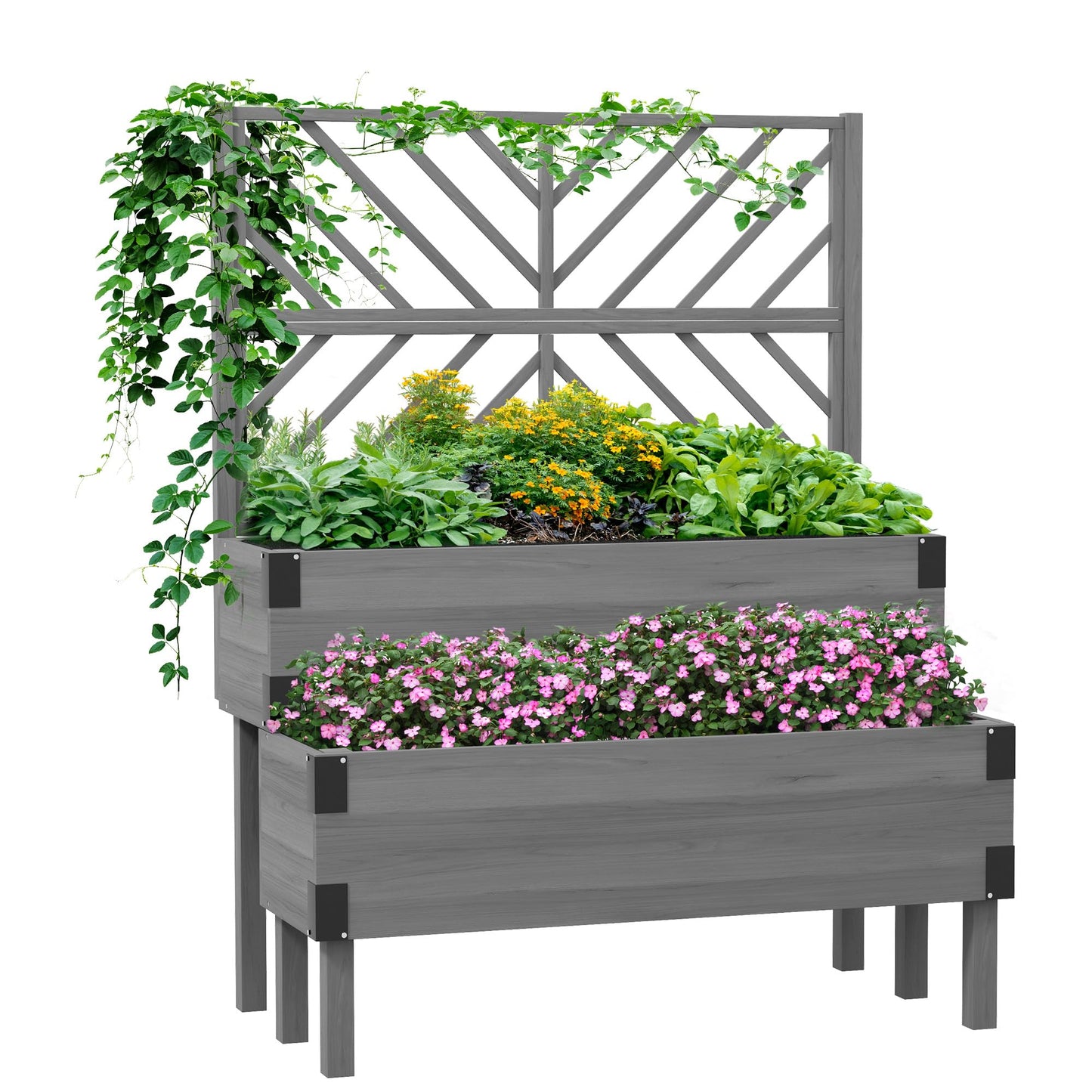 Outsunny Raised Garden Bed with Trellis, 2 Tier Wooden Elevated Planter Box with Legs and Metal Corners for Vegetables, Flowers, Herbs, Gray