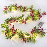 5.9FT Artificial Christmas Garland String Lights with 162 Snowy Red Berries 55 Green Leaves 20 LED Lights Battery Operated for Xmas Mantle Indoor Outdoor Holiday Christmas Thanksgiving Decoration LAWOHO