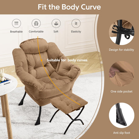 Congermom Lazy Chair with Folding Ottoman Modern Large Accent Chair,Contemporary Lounge Leisure Sofa Chair with Armrests Upholstered Sofa Armchair Reading Chair for Bedroom,Dorm & Office(Khaki-f) Congermom
