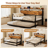 Betterhood Daybed with Trundle, Twin to King Bed Daybed Trundle Bed, Heavy Duty Metal Bed Frame with Storage Headboard & Charging Station, Day Bed Frame for Living Room Bedroom Guest Room Betterhood