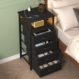 Fixwal Night Stand with Charging Station, LED Dresser for Bedroom Tall Nightstand with USB Ports and Outlets, 4 Fabric Storage Drawers with PU Finish, Bed Side Table, Black Fixwal