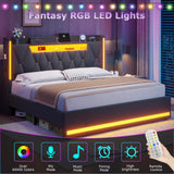 BYSAUD King Size Bed Frame with LED Lights & Charging Station, LED King Bed with Hidden Space and 2-Tier Shelves, Upholstered Metal Bed Frame with Headboard, No Box Spring Needed, Dark Gray, Linen BYSAUD