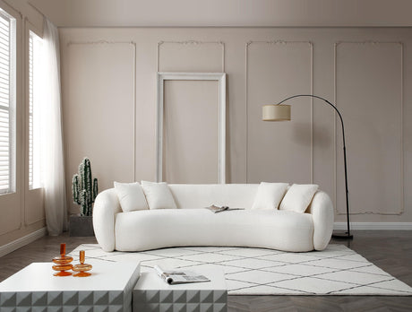 KEIKI 103" Boucle Half Moon Curved Sectional Sofa with 4 Throw Pillows, Modern Style 5-Seater Teddy Fleece Leisure Couch with Curved Backrest, Easy Assembly, for Apartment, Living Room, Bedroom, White KEIKI