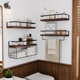 LUDORU Wood Floating Shelves Wall Mounted - 4+1 Tier Rustic Bathroom Wall Shelves Over Toilet with Wire Storage Basket and Towel Bar, Set of 4 Farmhouse Floating Shelf for Bathroom, Kitchen, Bedroom. LUDORU