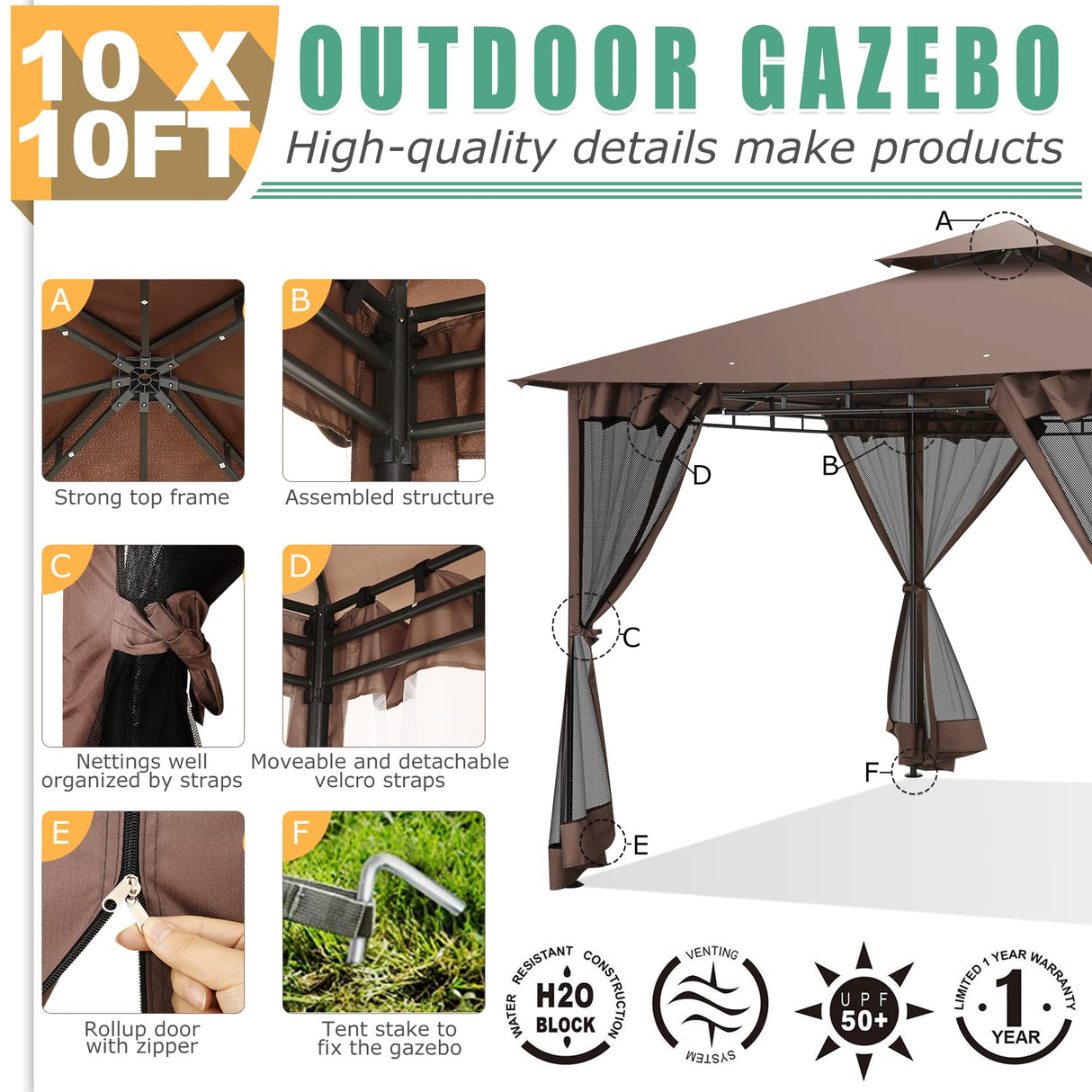 HOTEEL 10’x10’ Gazebo on Clearance, Waterproof Outdoor Gazebo with Mosquito Netting, Double Roof and Heavy Duty Durable Frame, All Weather Easy Assembly for Patio, Backyard, Garden (2025 New Model) Hoteel