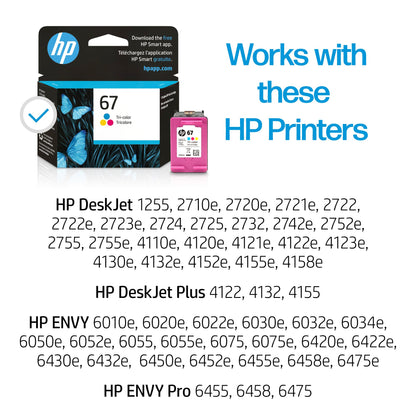 HP 67 Tri-color Ink Cartridge | Works with HP DeskJet 1255, 2700, 4100 Series, HP ENVY 6000, 6400 Series | Eligible for Instant Ink | 3YM55AN