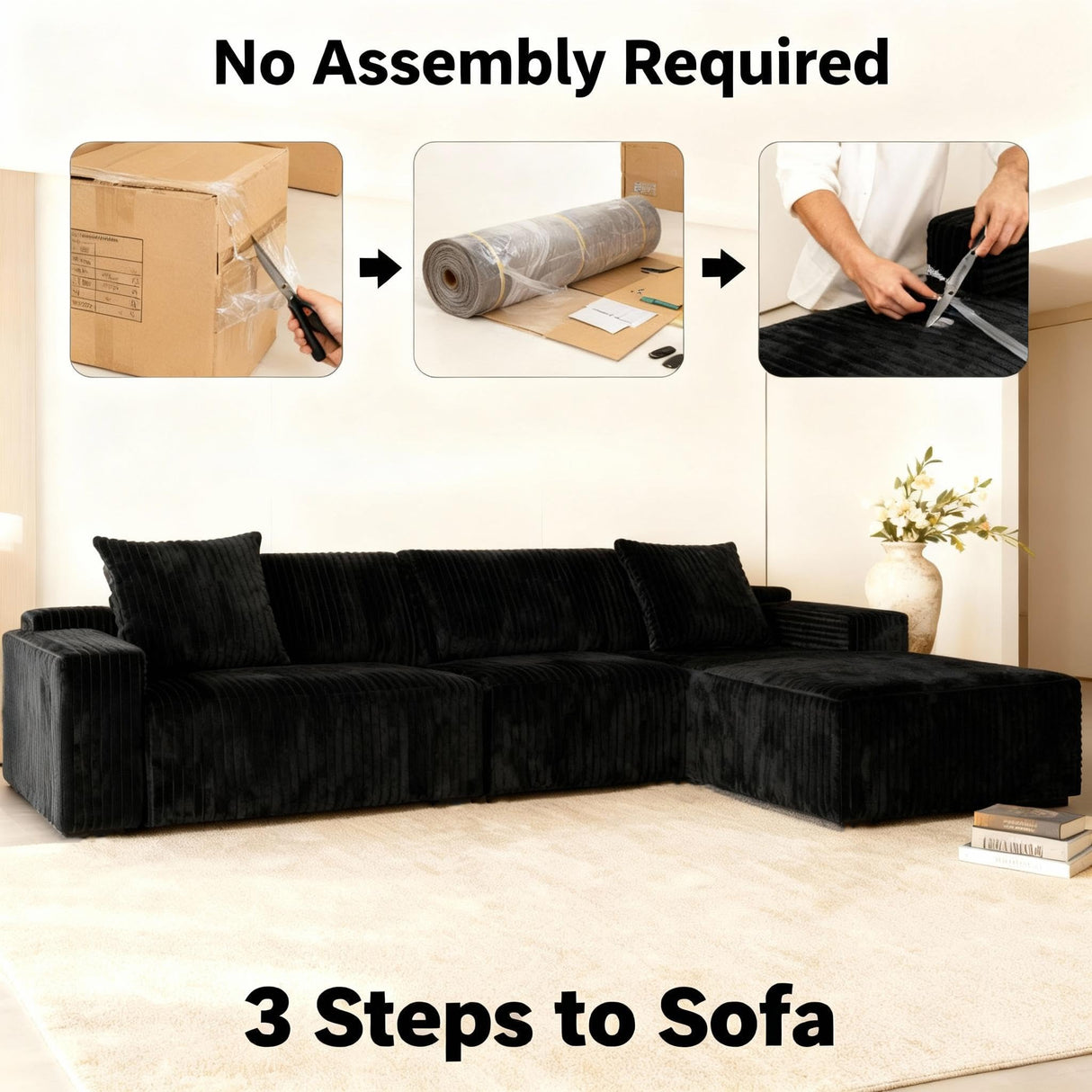 HDDFER 104" Boneless Couch Cloud - Inspired Modular Sectional Boneless Sofa for Living Room: L-Shaped Deep Seat,4 seat No Assembly,Black HDDFER