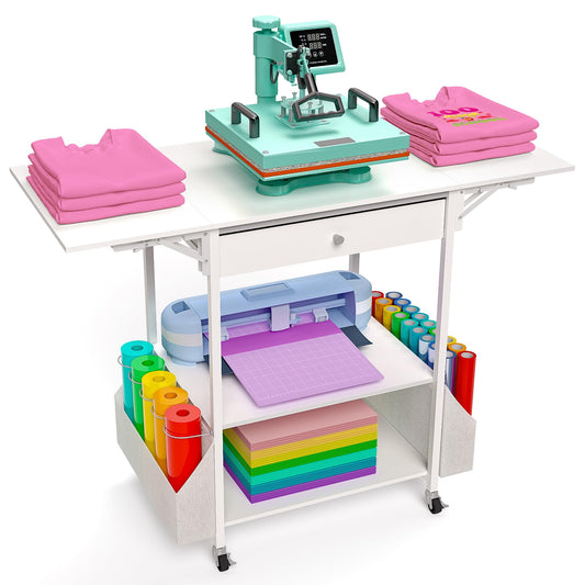 𝐂𝐫𝐚𝐟𝐢𝐭 Foldable Heat Press Table—Hold 36 Vinyl Rolls, Movable Heat Press Stand Cart with Storage Bag, Collapsible Heavy Duty Workbench for Sublimation, T-Shirts and Caps Heat Transfer Project