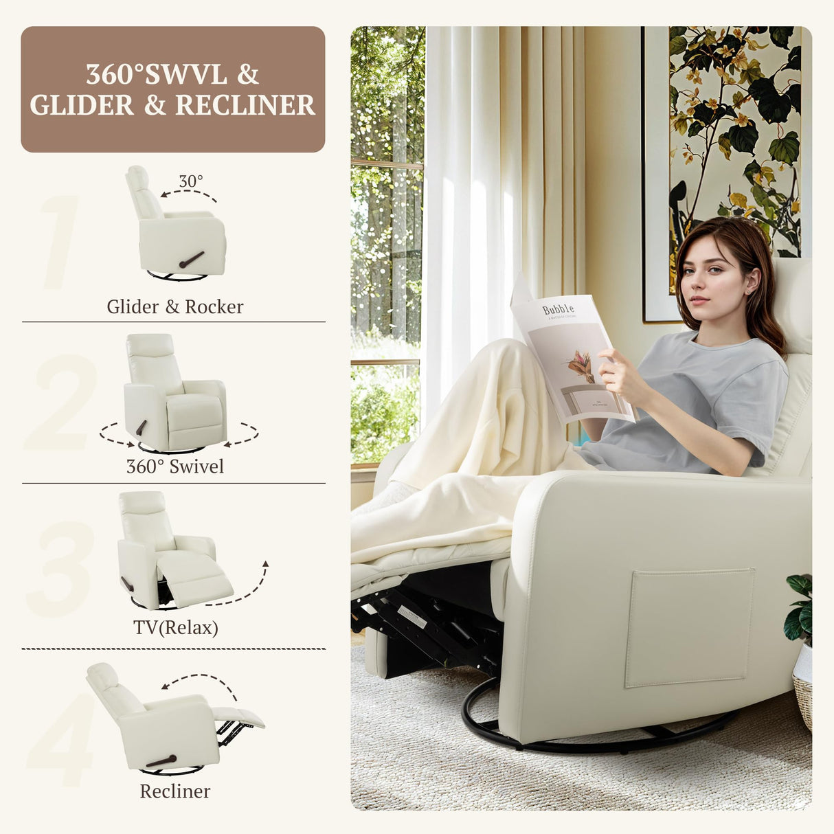 Neioml Swivel Rocking Recliner Chair for Small Space, Manual Swivel Glider Recliner for Nursery,RV,Rocking Recliner with Footrest and Side Pocket,Breathable Leather,Beige Neioml