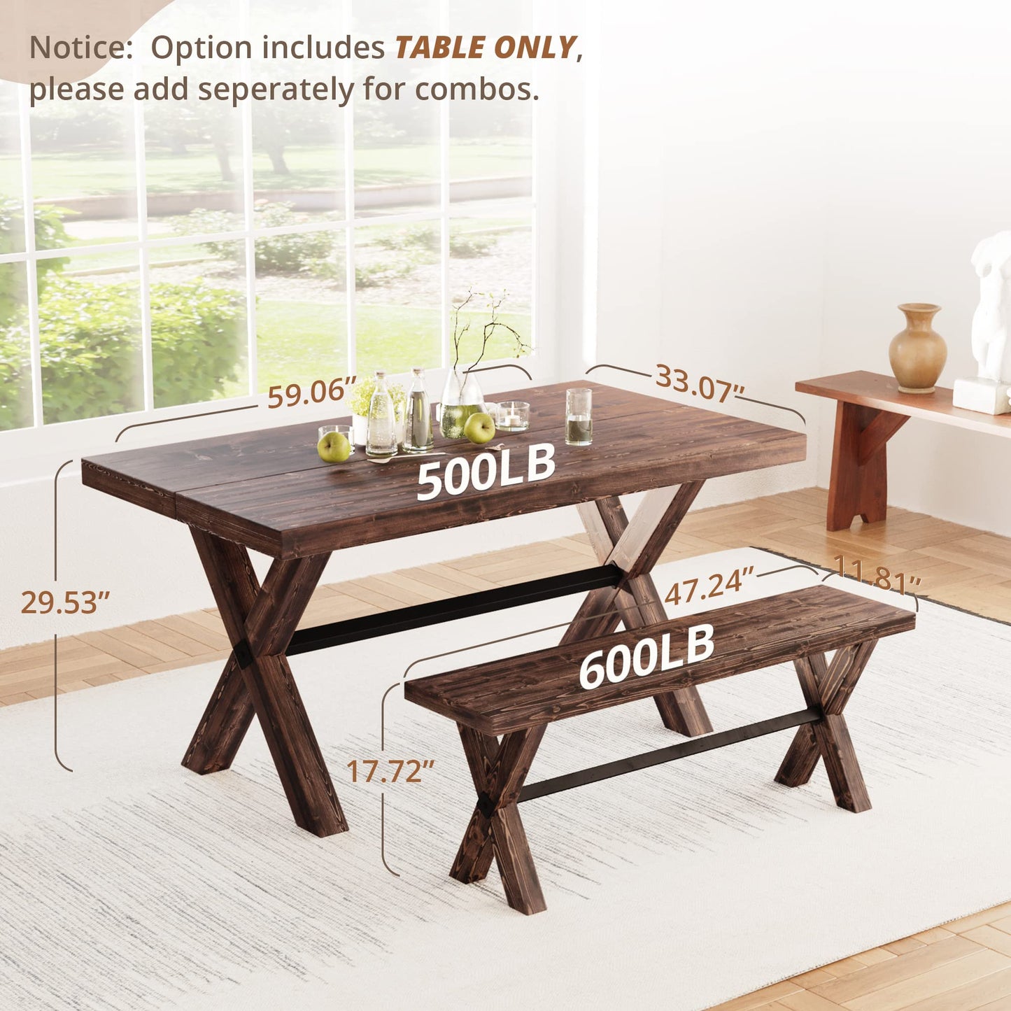 LUE BONA 59'' Dining Table for 6-8 Solid Wood Farmhouse Kitchen Table with Natural Wood Grain for Home and Kitchen, Heavy Duty Rectangular Kitchen & Dining Table for Home and Dining Room Dark - WoodArtSupply