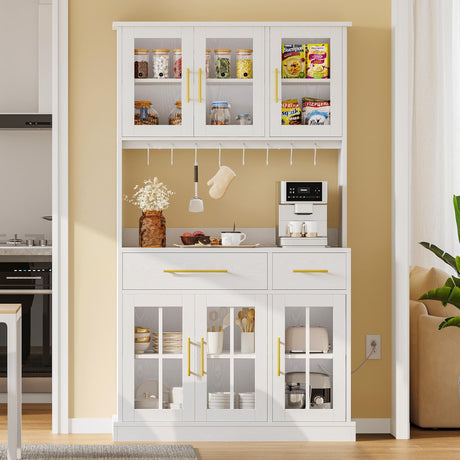 YITAHOME 71'' Kitchen Pantry Storage Cabinet with Microwave Stand, Tall Freestanding Hutch Cabinet with Power Outlet, Pantry Cabinet with Buffet Cupboard, Drawers and Acrylic Doors for Home, White YITAHOME