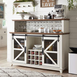 OKD Farmhouse Coffee Bar Cabinet with LED Lights, 55" Sideboard Buffet Table w/Sliding Barn Door & Wine and Glass Rack, Home Liquor Bar w/Storage Shelves for Dining Room,Antique White OKD