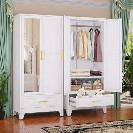GAIOUS Steel Armoire Wardrobe Closet with Mirror Doors, 71" Household Wardrobe Cabinet with Hanging Rod and Drawer, Metal Clothing Storage Cabinet with Adjustable Shelf for Bedroom, Cloak, Gym(White) GAIOUS