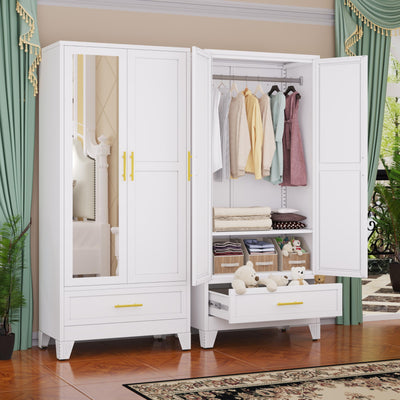 GAIOUS Steel Armoire Wardrobe Closet with Mirror Doors, 71" Household Wardrobe Cabinet with Hanging Rod and Drawer, Metal Clothing Storage Cabinet with Adjustable Shelf for Bedroom, Cloak, Gym(White)