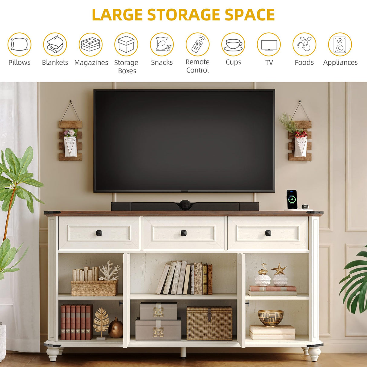 DWVO Farmhouse TV Stand for 65 Inch TV, 31.5" Tall Entertainment Center w/3 Drawers & Shutter Doors, Rustic Media Console Cabinet w/Storage Shelves, Wood Television Stand for Living Room, Rustic White DWVO