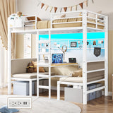 DICTAC Twin Size Loft Bed with Desk and Charging Station Convertible Twin Over Twin Size Bunk Bed with Led Light and Metal Bunk Beds with Desk,Stair and Safety Guard,White(Cushion not Included) DICTAC