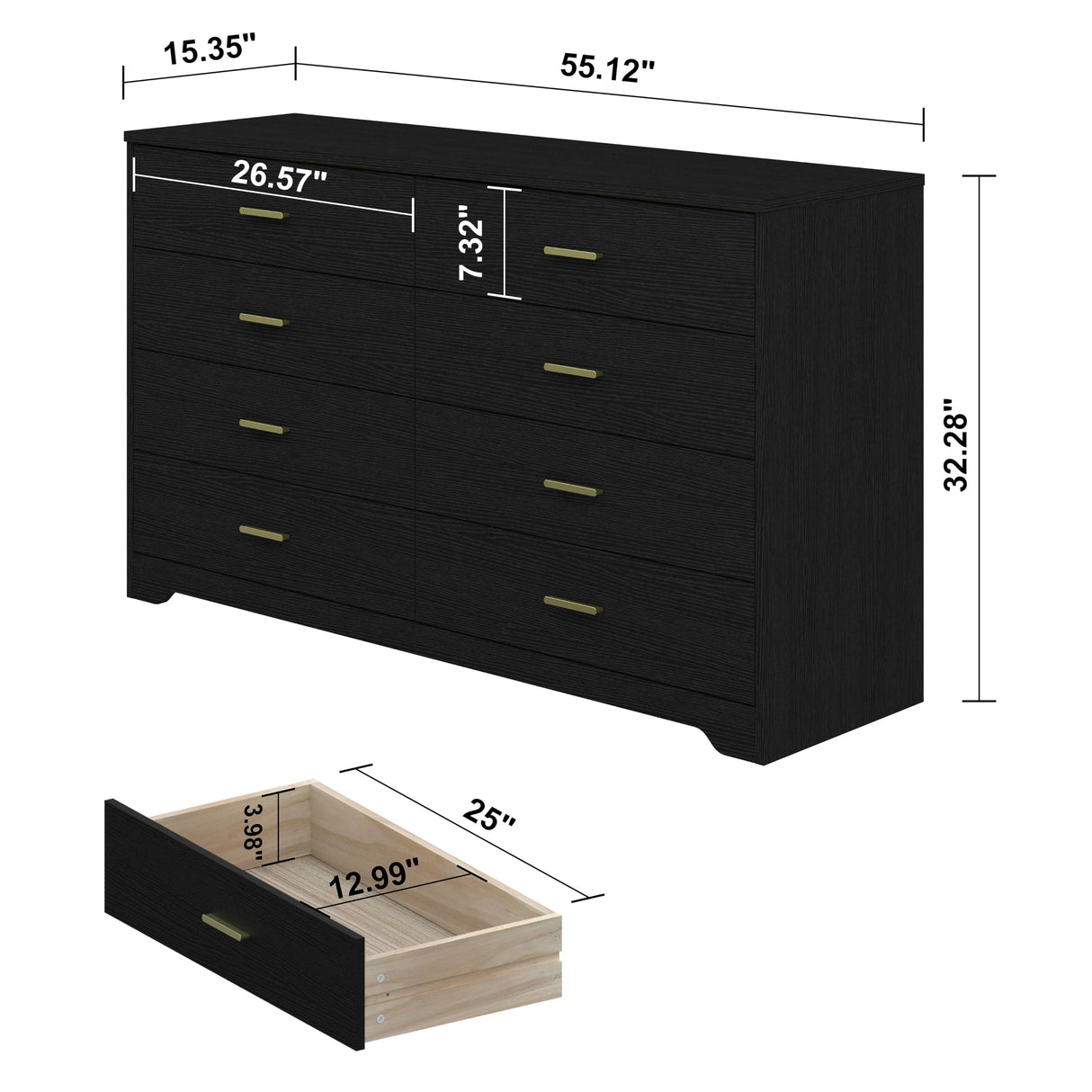 Panana 8 Drawer Wood Lateral Dresser, Big Wide Chest of Drawers Storage Organizer with Metal Gold Handles Home Bedroom (Black) Panana