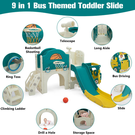 NYEEKOY 9-in-1 Toddler Slide, Bus-Themed Baby Slide and Climber Playset with Basketball Hoop, Ring-Toss, Car Playhouse, Kids Indoor and Outdoor Playground Nyeekoy