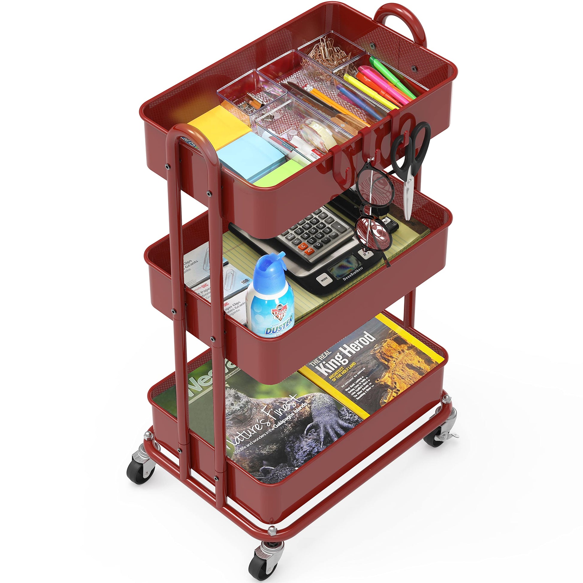 Simple Houseware Heavy Duty 3-Tier Metal Utility Rolling Cart, Red - WoodArtSupply