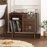 Mid Century Modern Record Player Stand with Power Outlet and Storage Cabinet, Slide Door for Bedroom and Living Room Halitaa