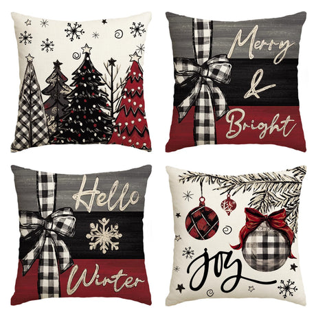 AVOIN colorlife Merry Christmas Joy Xmas Trees Red Throw Pillow Covers, 18 x 18 Inch Christmas Winter Holiday Cushion Case Decoration for Sofa Couch Set of 4 AVOIN colorlife