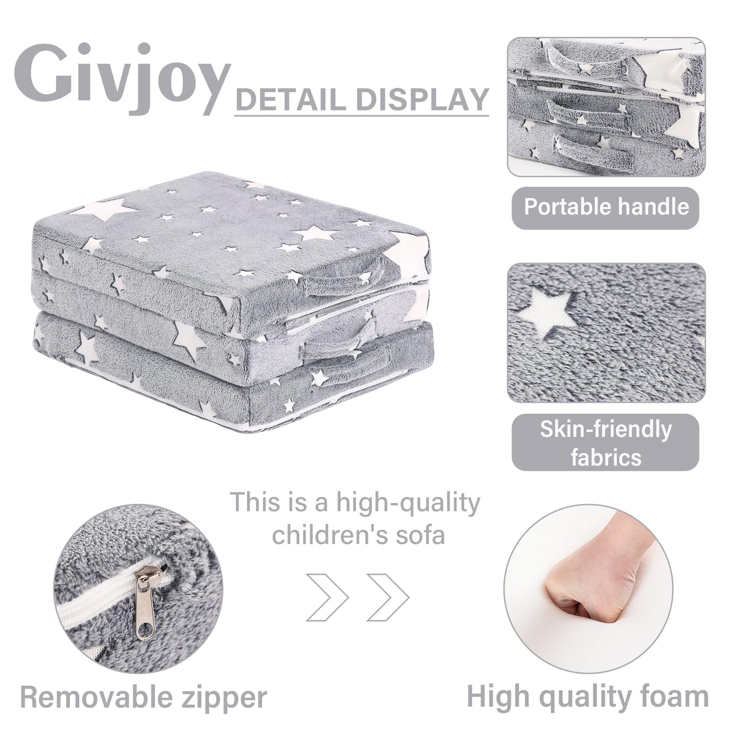 Givjoy Foldable Floor Mattress for Kids, Glow in The Dark Toddler Washable Tri Folding Floor Nap Mat for Sleeping Daycare, Child Trifold Futon Sofa Bed with Storage Bag for Girls and Boys