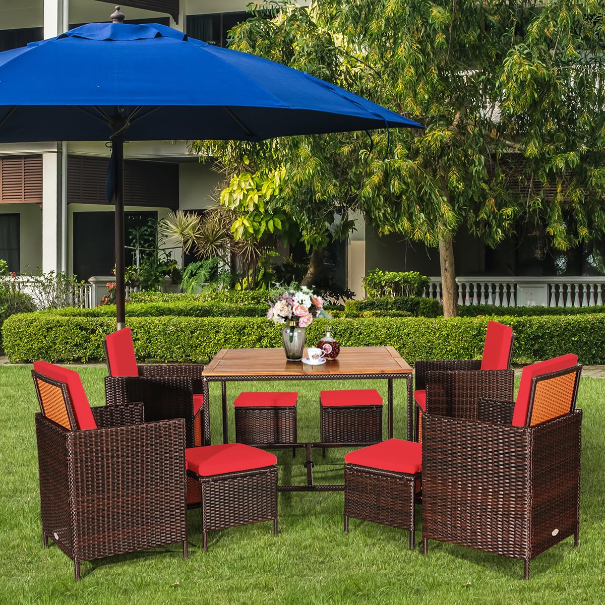 COSTWAY 9PCS Patio Rattan Dining Set Cushioned Chairs Ottoman Wood Table Top Red COSTWAY