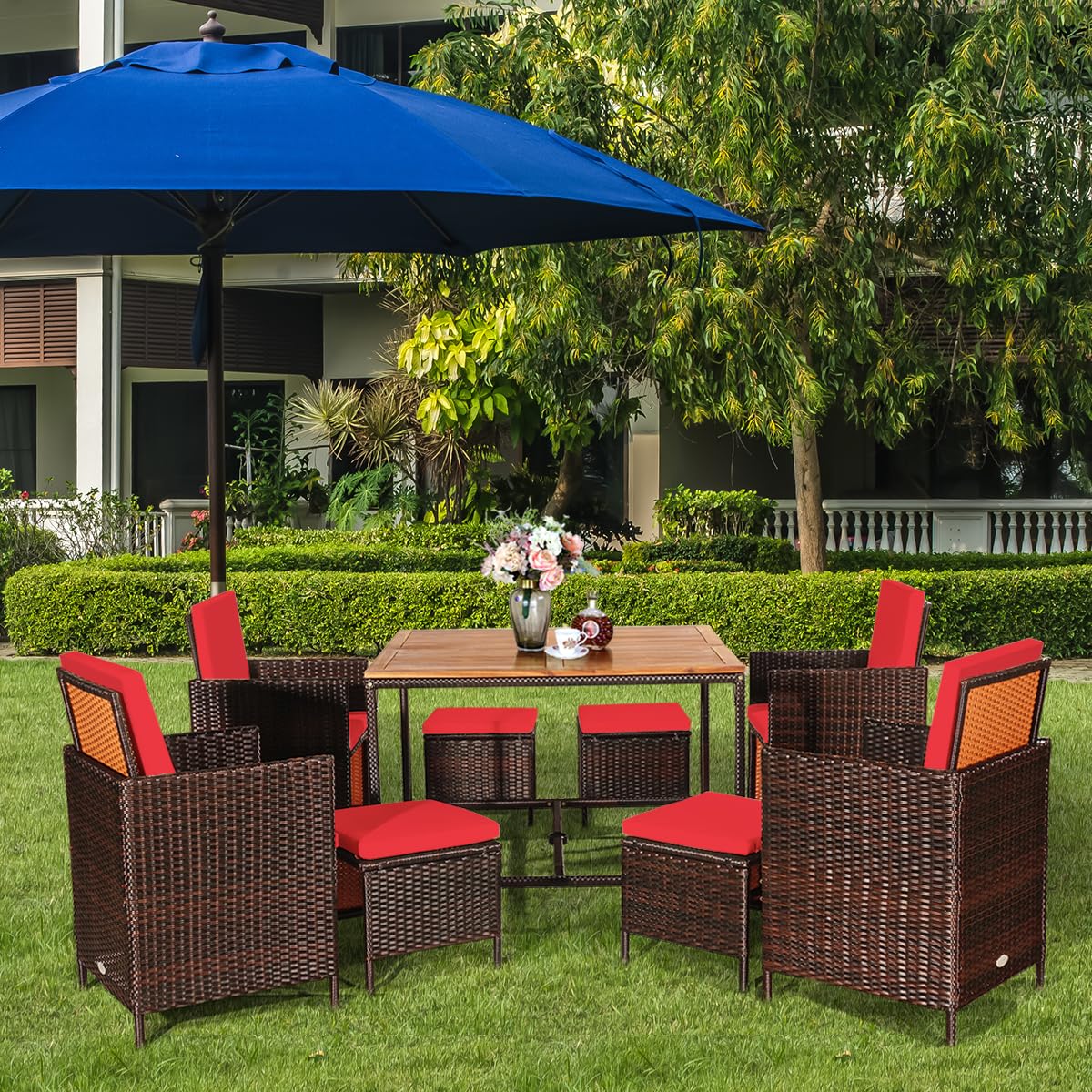 COSTWAY 9PCS Patio Rattan Dining Set Cushioned Chairs Ottoman Wood Table Top Red