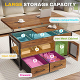 Itaar 40" Lift Top Coffee Table, 4 in 1 Coffee Tables with Storage Cabinet for Living Room, Small Farmhouse Coffee Table with 2 Fabric Drawers & LED Light for Dining Room, Rustic Brown Itaar