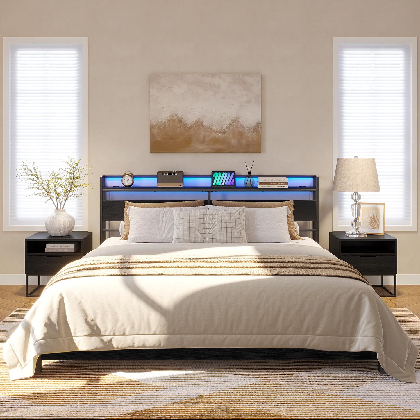 ELYKEN King Size Headboard with Power Outlet & LED Strip Light - Versatile, Easy Assembly in Black - WoodArtSupply