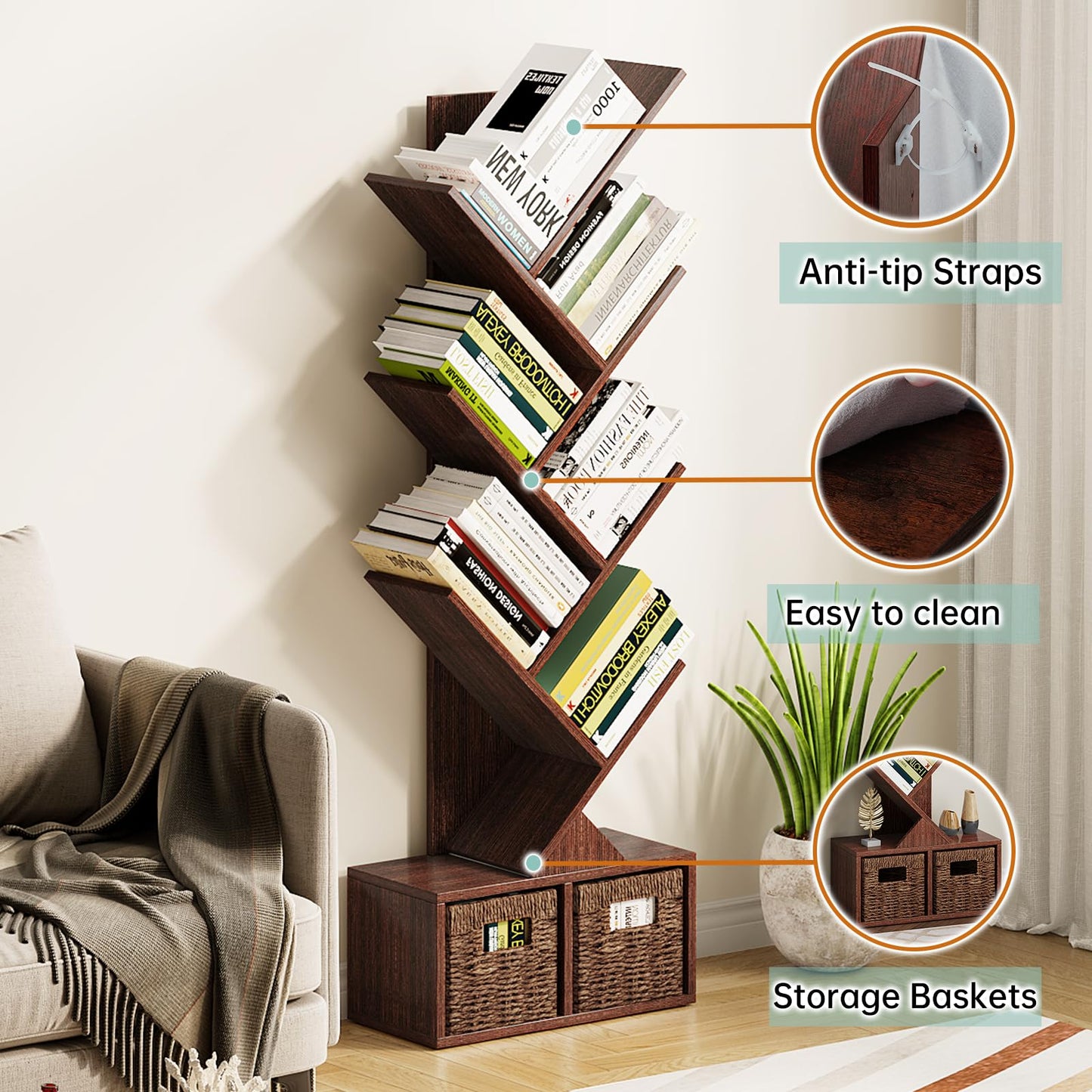 Vagusicc Tree Bookshelf, 6 Tier Bookshelf with Storage, Tall Narrow Bookcase, Rustic Wood Book Storage Rack for CDs/Books, Small Book Organizer Shelves for Bedroom Living Room, Home Office, Brown