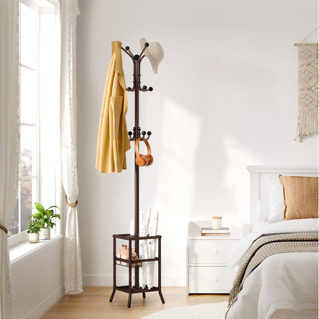FAVOOSTY Coat Rack Freestanding,Coat Rack Stand with Umbrella Holder,Metal Coat Rack with 12 Hooks,Tree Clothes Hat for Entryway,Hallway,Living Room,Bedroom, Office To Hang Clothes-Brown FAVOOSTY