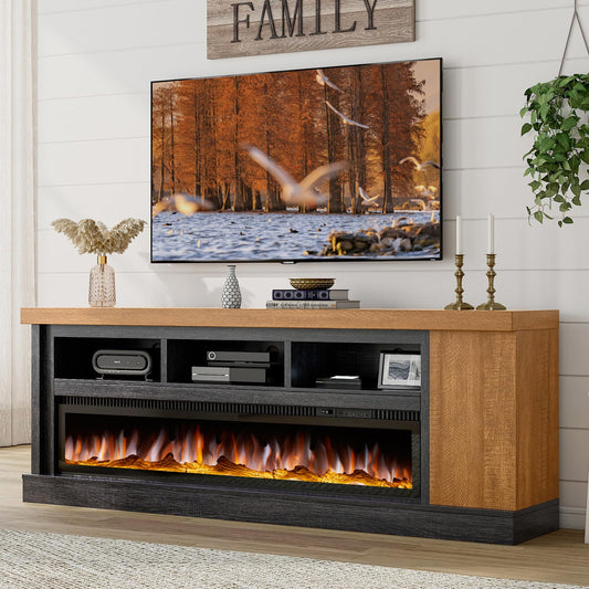 75" Fireplace TV Stand with 60" Glass Electric Fireplace, Color Contrast Rustic Media Entertainment Center with Storage for TVs Up to 85" for Living Room, Black & Brown