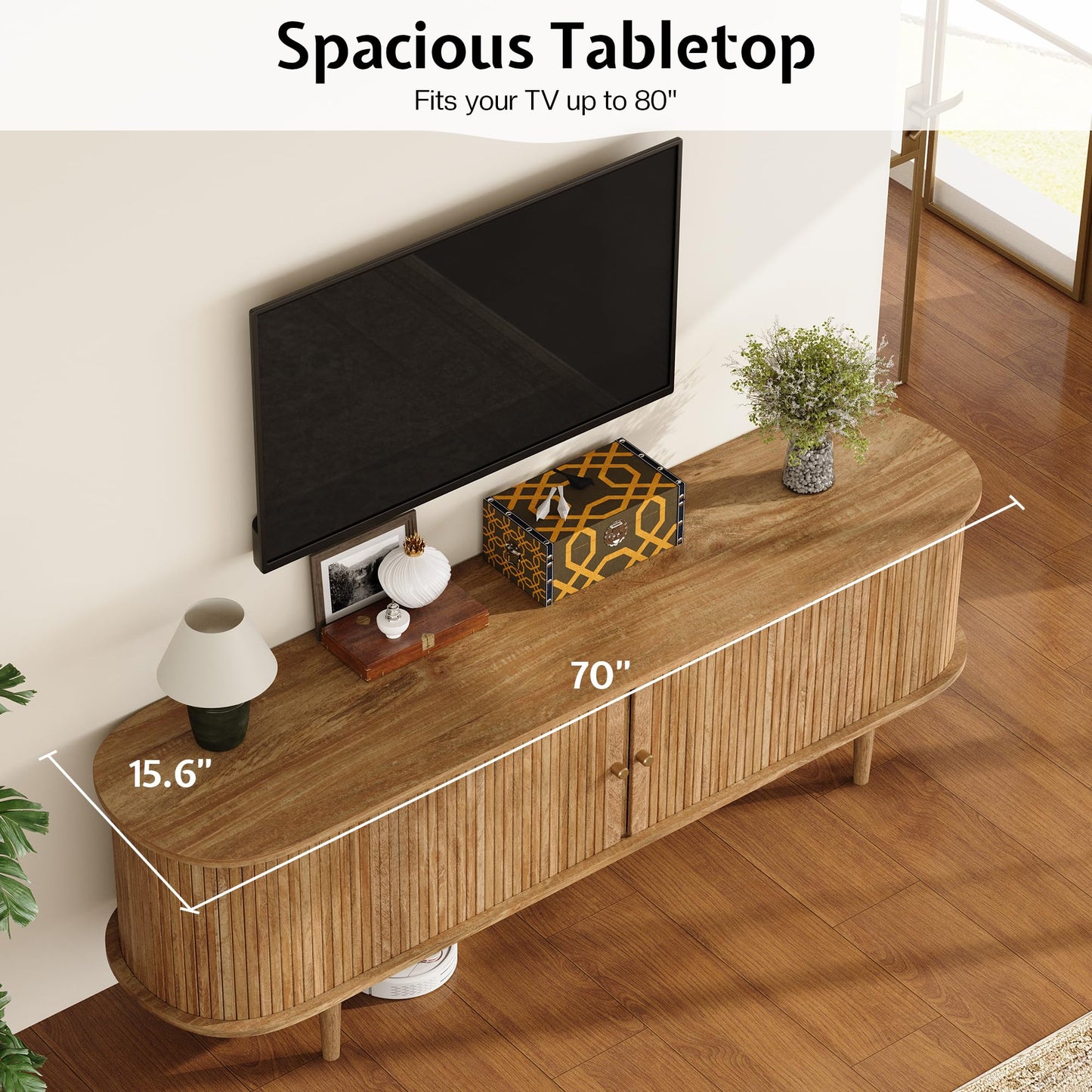 LUXOAK 70" Mid Century Modern TV Stand with Tambour Door, TV Console with Solid Wood Legs for TVs up to 80", Fluted Entertainment Center with Storage for Living Room, Natural Oak