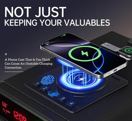 Biometric Smart Safe with Wireless Charging for Phone and Watch, 3 Quick Access Stopbox with Fingerprint Backlit Keypad - Compact Nightstand Drawer with LED Light, 24/7 Digital Clock, Bedside, Office ORARAER
