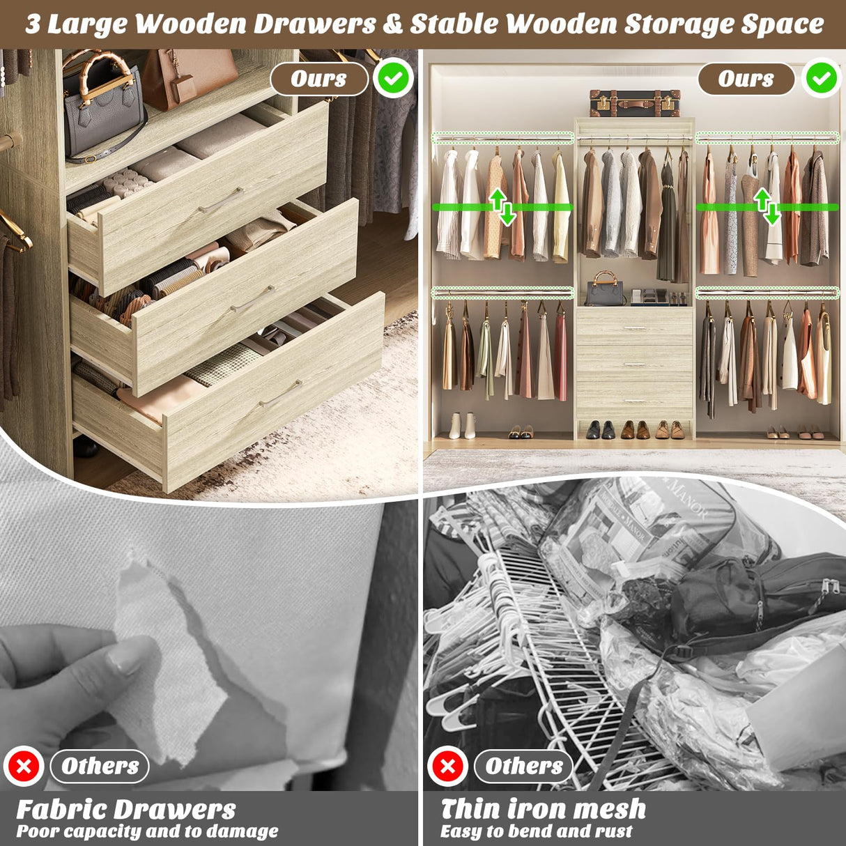 Aheaplus Closet System, Closet Organizer with 3 Wooden Drawers, Closet Organizer System, Walk-in Closet Wardrobe Clothes Rack with 4 Hanging Rods, Garment Rack, -4R,White Oak Aheaplus