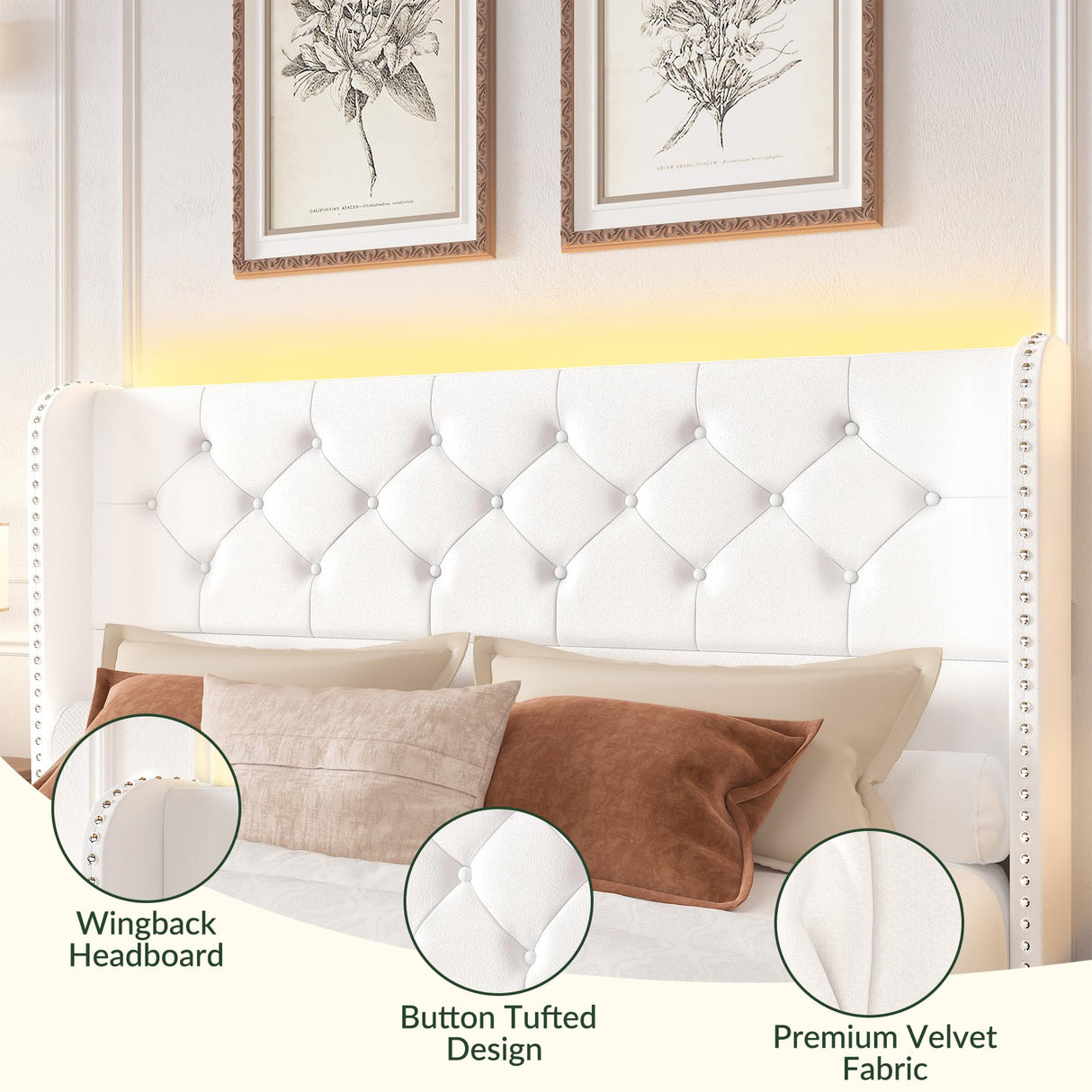 LARMACE Queen Size Bed Frame with Storage Drawers and Tufted Headboard Velvet Upholstered Platform Bed Frame with LED Light Wingback Beds with Wooden Slats Support, Easy Assembly, White LARMACE