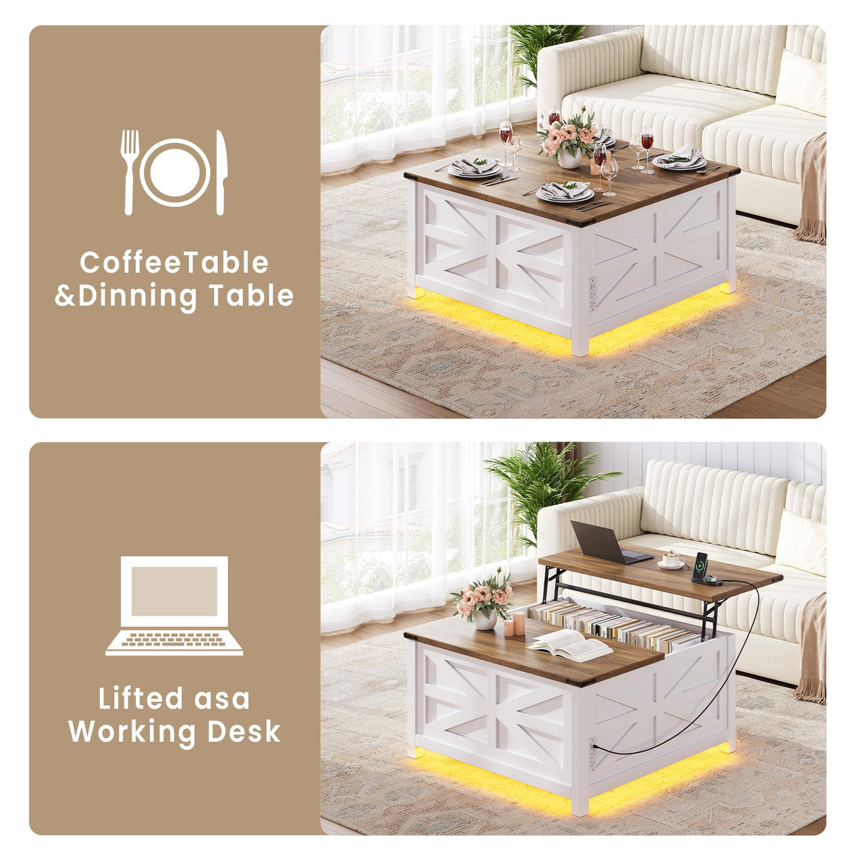 Seetech 35.8" Led Coffee Table with Lift Top Storage,Farmhouse Coffee Table for Living Room, Square Coffee Tables with Large Hidden Storage Compartment,AC Outlet and Adjustable Shelves,White Seetech