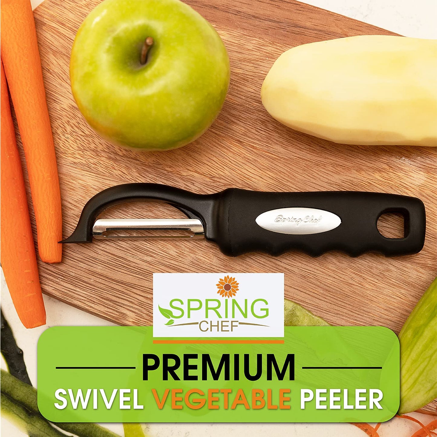 Spring Chef Premium Swivel Vegetable Peeler, Soft Grip Handle and Ultra Sharp Stainless Steel Blades - Perfect Kitchen Peeler For Veggie, Fruit, Potato, Carrot, Apple - Black