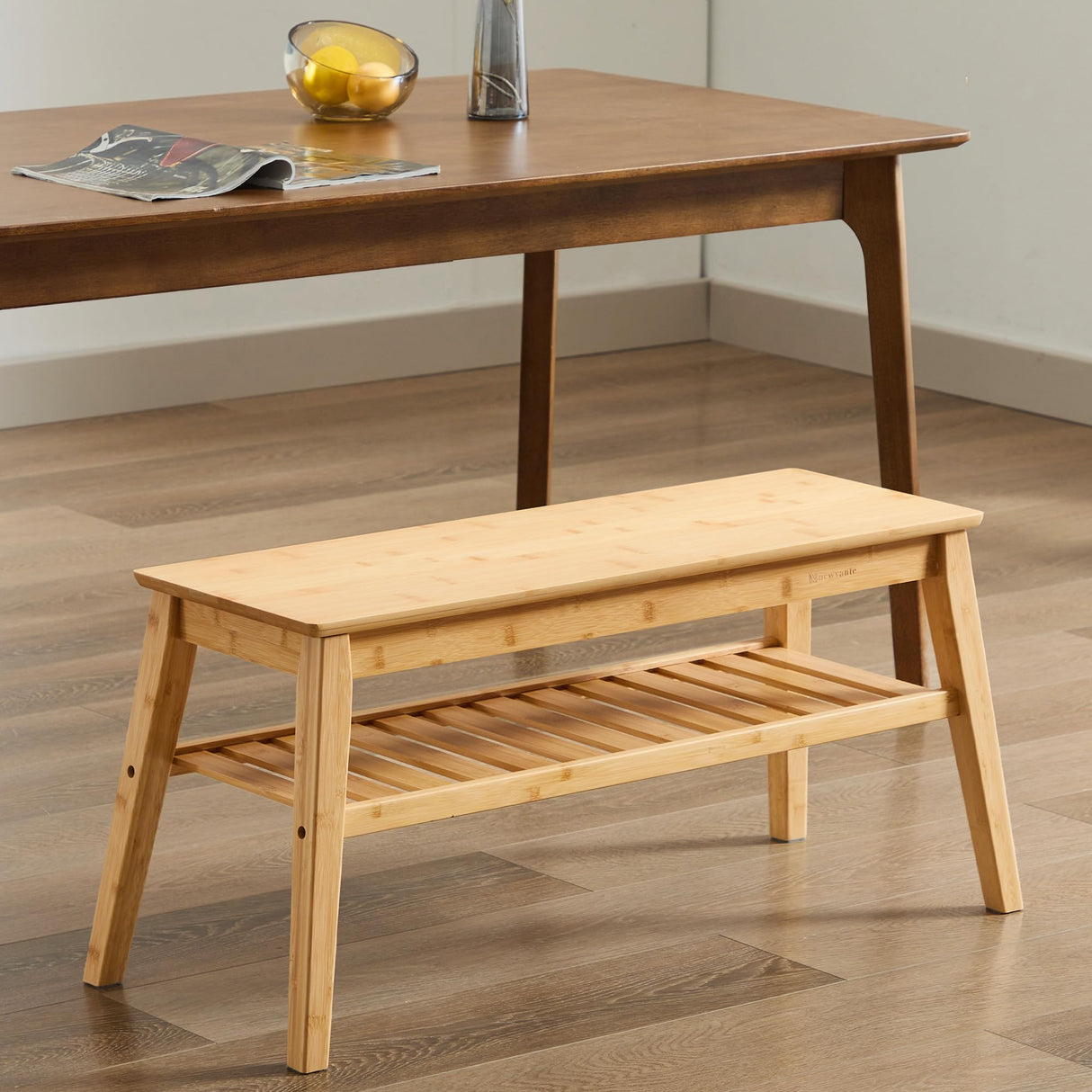 Nnewvante Bamboo Entryway Bench, 33.46" End of Bed Bench for Bedroom, 2 Tier Modern Indoor Bench for Living Room, Dining Room, Hallway, Holds up to 300lbs Nnewvante