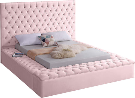 Meridian Furniture Bliss Collection Modern | Contemporary Velvet Upholstered Bed with Deep Button Tufting and Storage Compartments in Rails and Footboard, Pink, King Meridian Furniture
