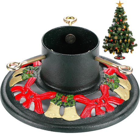 Huwena Christmas Tree Stand for Live Trees, Real Xmas Tree Holder Base Cast Iron, Supports up to 8ft, 4-Inch Diameter, 120lb Weight Capacity for Christmas Rustic Decoration (Bell, Bow Style) Huwena