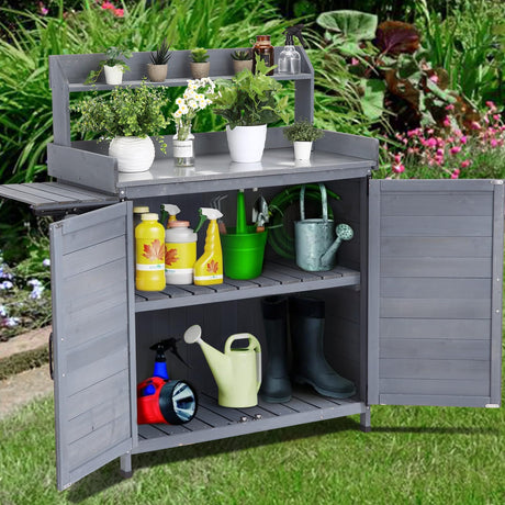 GarveeLife Garden Potting Bench Table, Outdoor Garden Horticultural Wooden Storage Cabinet, Solid Wood Planting Work Bench with Open Top, Metal Tabletop, Handy Hooks, Bench Table Cover GarveeLife