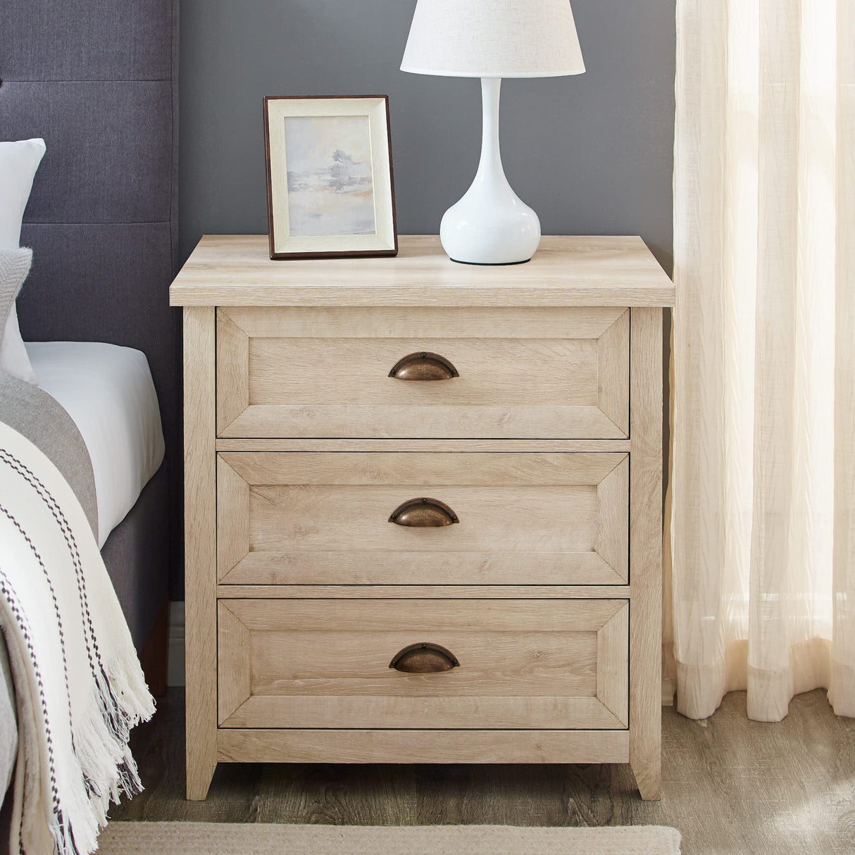 Walker Edison Hazel Modern Farmhouse 3 Drawer Framed Nightstand with Half-Moon Handles, 25 Inch, White Oak Walker Edison