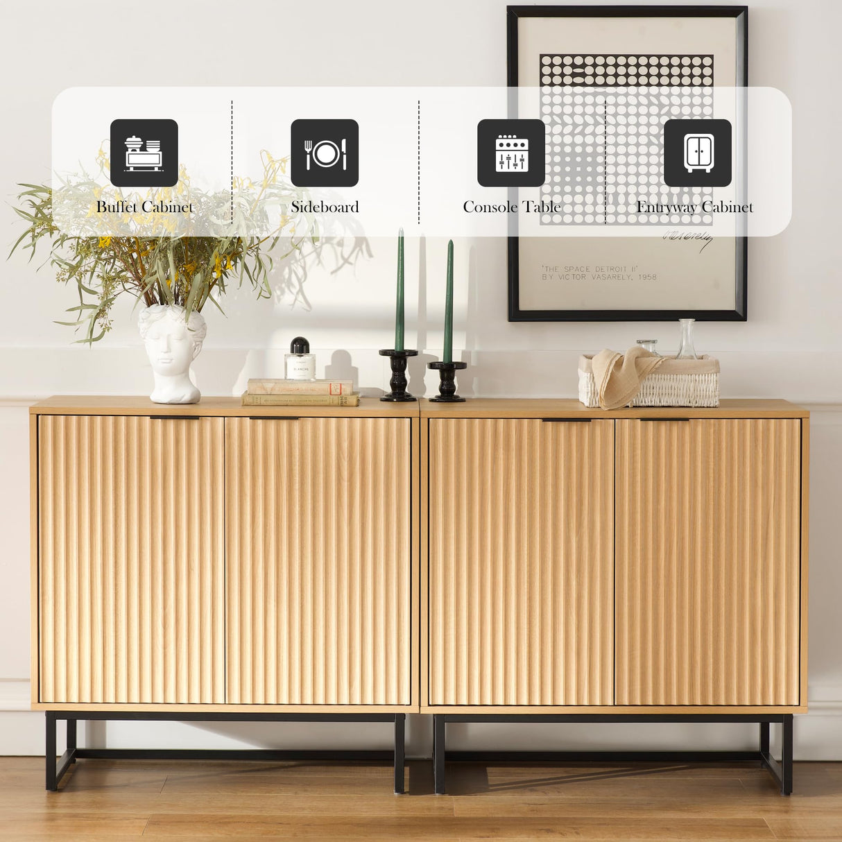 MoomJiee Fluted Storage Cabinet,Wood Sideboard Buffet Cabinet with Adjustable Shelves,Multifunctional Console Table with Storage Credenza Accent Cabinet for Living Room, Dining Room, Hallway MoomJiee