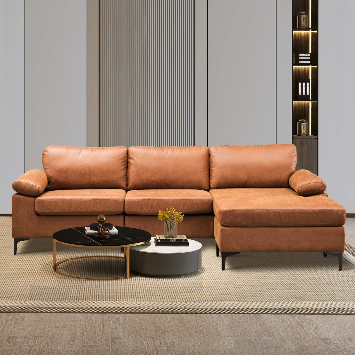 ovios 97.6" L-Shaped Sectional Sofa with Reversible Chaise, Luxury Deep Seat Couch with Convertible Chaise, Minimalism Cloud Sofas Couches for Living Room, Faux Leather, Brown ovios