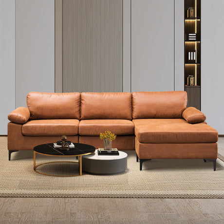 ovios 97.6" L-Shaped Sectional Sofa with Reversible Chaise, Luxury Deep Seat Couch with Convertible Chaise, Minimalism Cloud Sofas Couches for Living Room, Faux Leather, Brown ovios