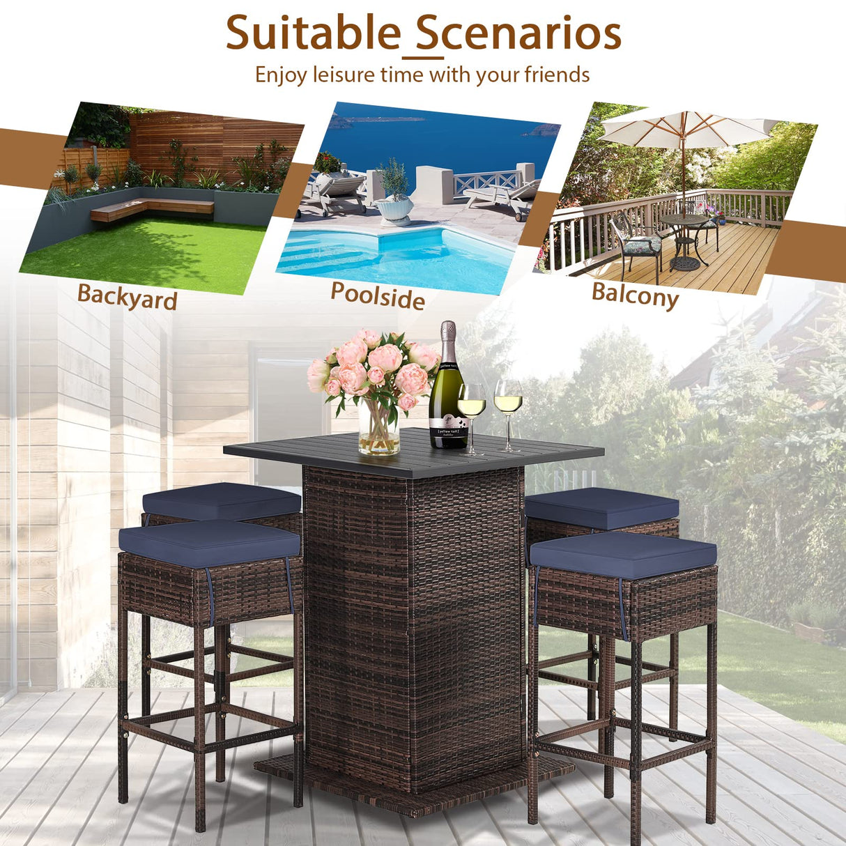 RELAX4LIFE 5-Piece Outdoor Bar Set, Wicker Rattan Bar Height Patio Set w/4 Cushion Bar Stools & Table with Hidden Storage, 5PCS Outdoor High Top Table and Chairs Set for Backyard Poolside (Navy Blue) RELAX4LIFE